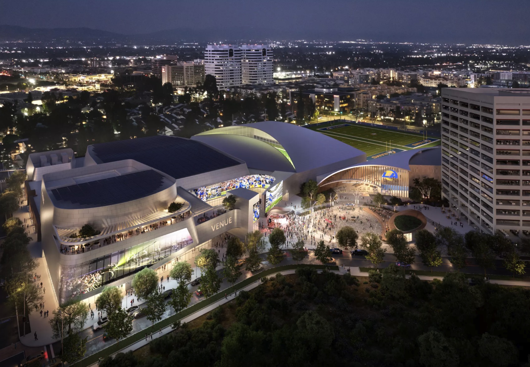 Rendering of the Rams Village headquarters and venue at Warner Center